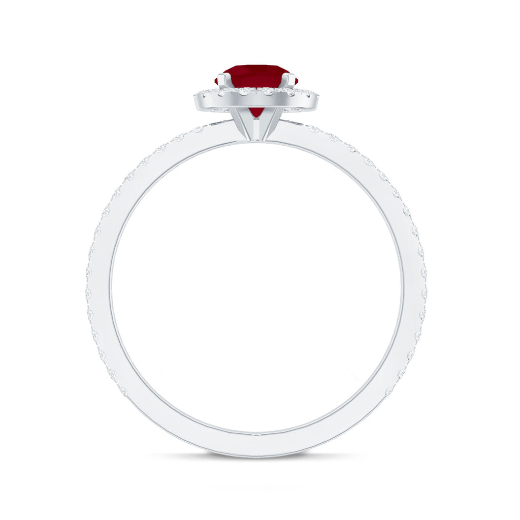 Ruby Engagement Ring – 0.6 Carat Round Ruby with Diamond Halo Band in Prong Setting