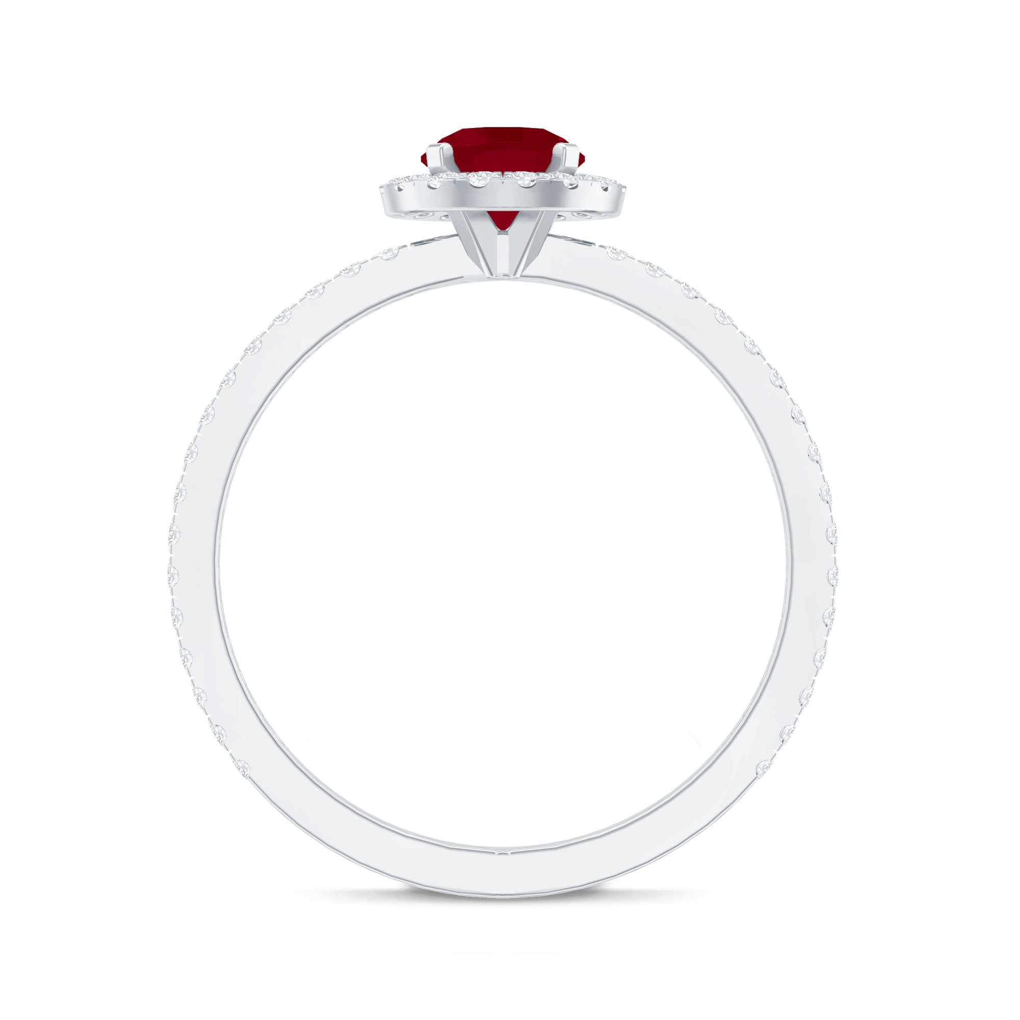Ruby Engagement Ring – 0.6 Carat Round Ruby with Diamond Halo Band in Prong Setting