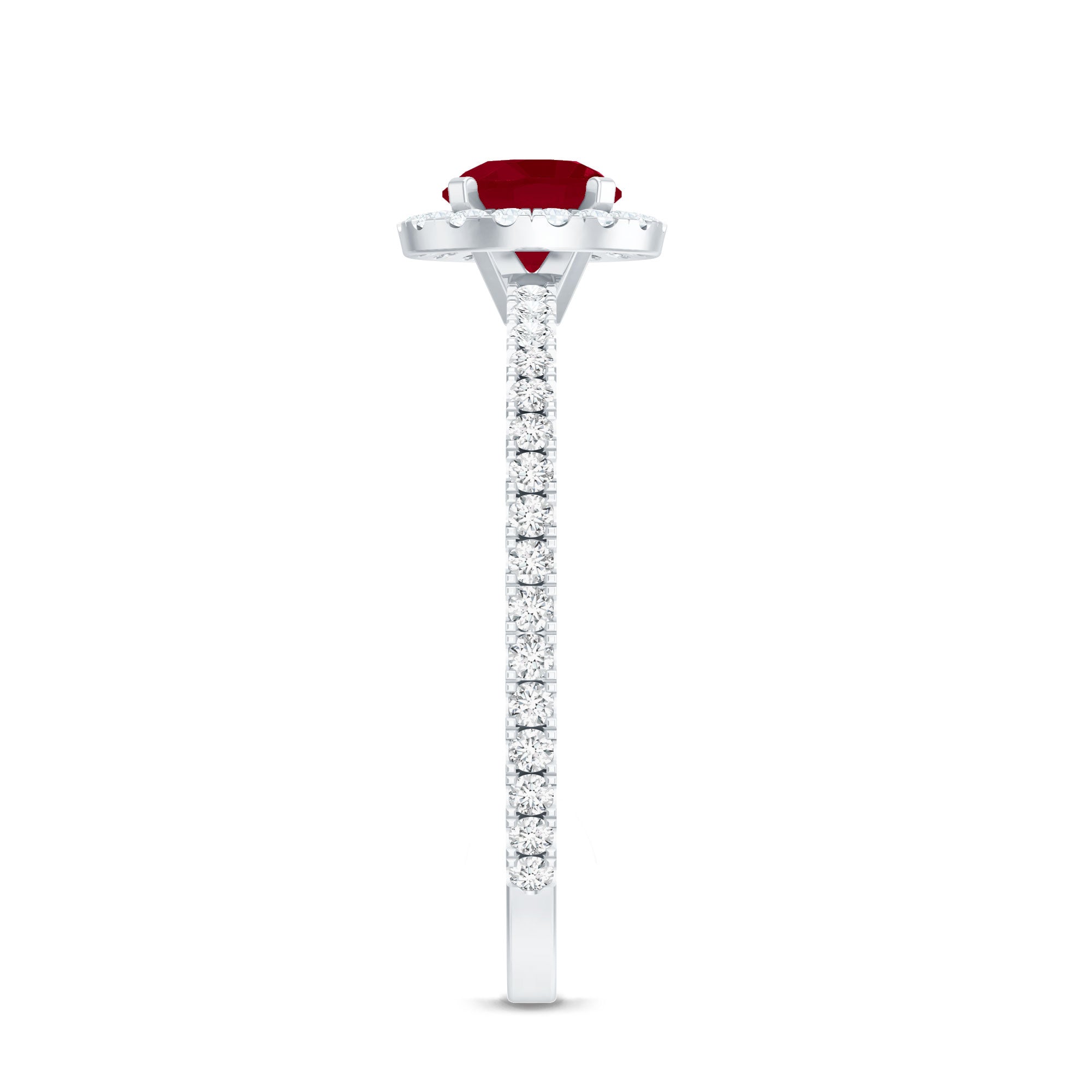 Ruby Engagement Ring – 0.6 Carat Round Ruby with Diamond Halo Band in Prong Setting