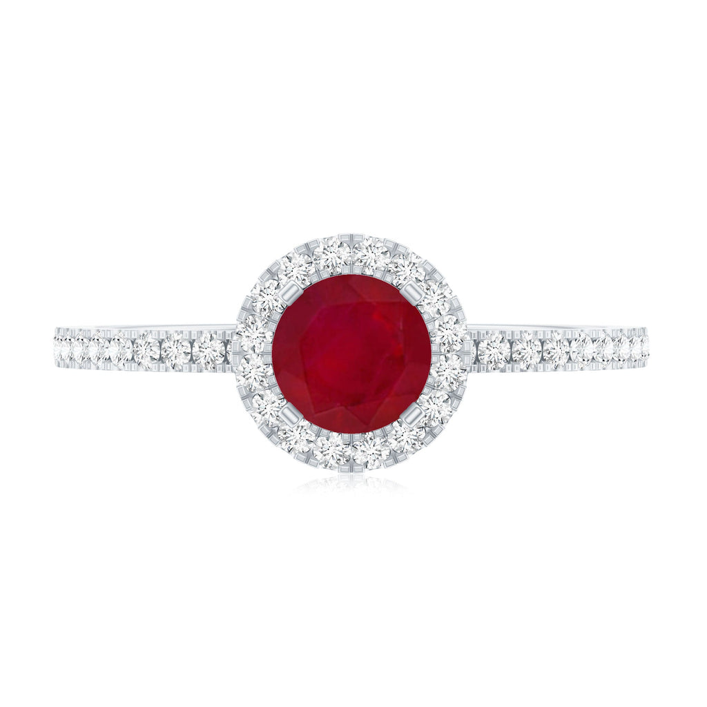Ruby Engagement Ring – 0.6 Carat Round Ruby with Diamond Halo Band in Prong Setting