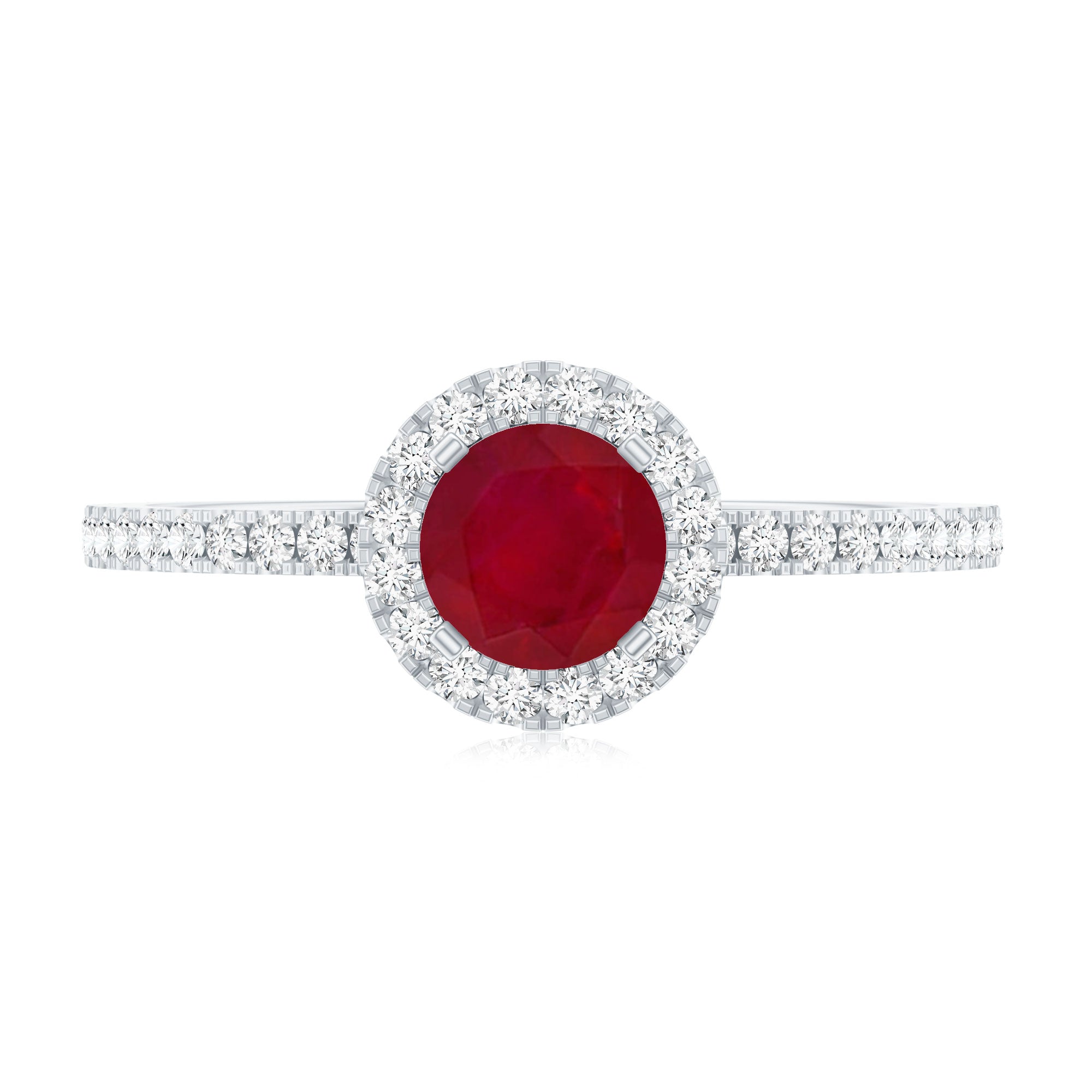 Ruby Engagement Ring – 0.6 Carat Round Ruby with Diamond Halo Band in Prong Setting