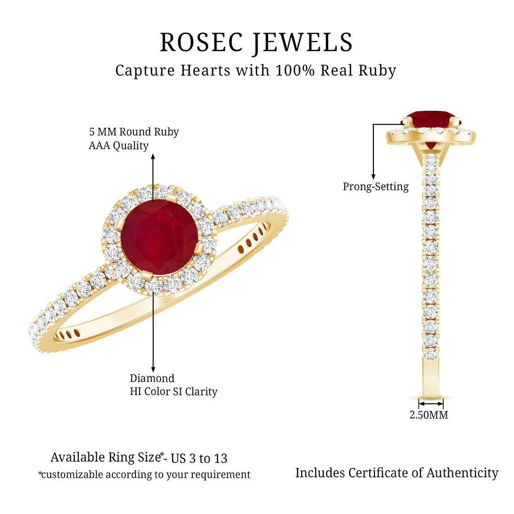 Ruby Engagement Ring – 0.6 Carat Round Ruby with Diamond Halo Band in Prong Setting