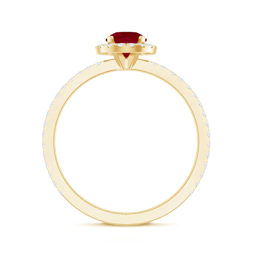 Ruby Engagement Ring – 0.6 Carat Round Ruby with Diamond Halo Band in Prong Setting