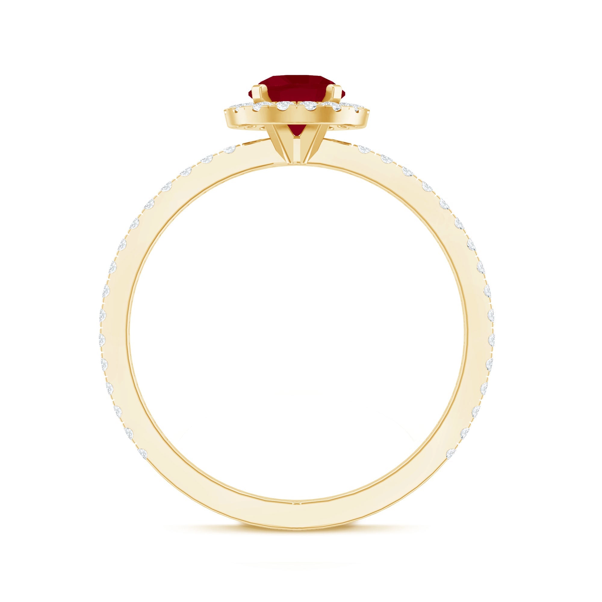 Ruby Engagement Ring – 0.6 Carat Round Ruby with Diamond Halo Band in Prong Setting