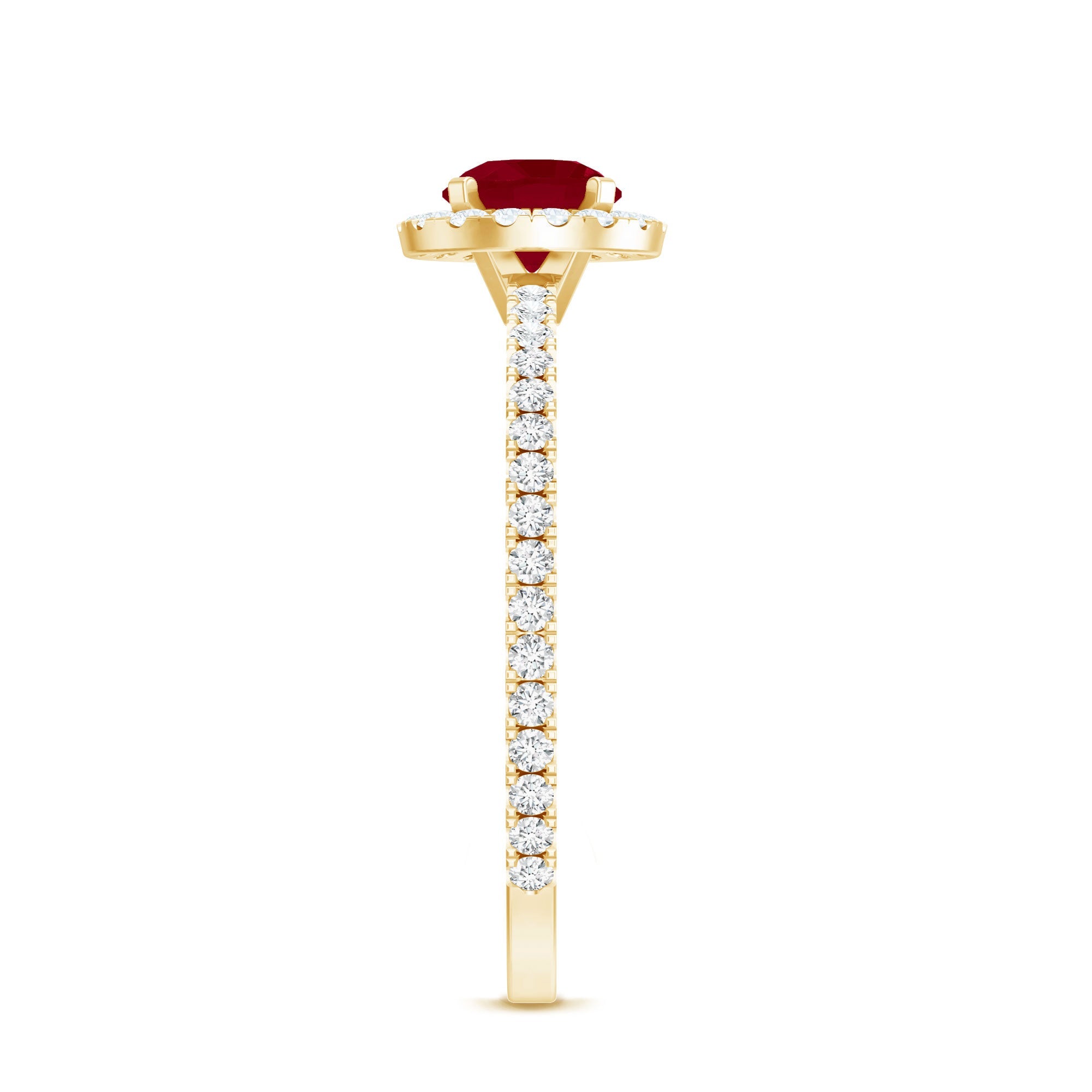Ruby Engagement Ring – 0.6 Carat Round Ruby with Diamond Halo Band in Prong Setting