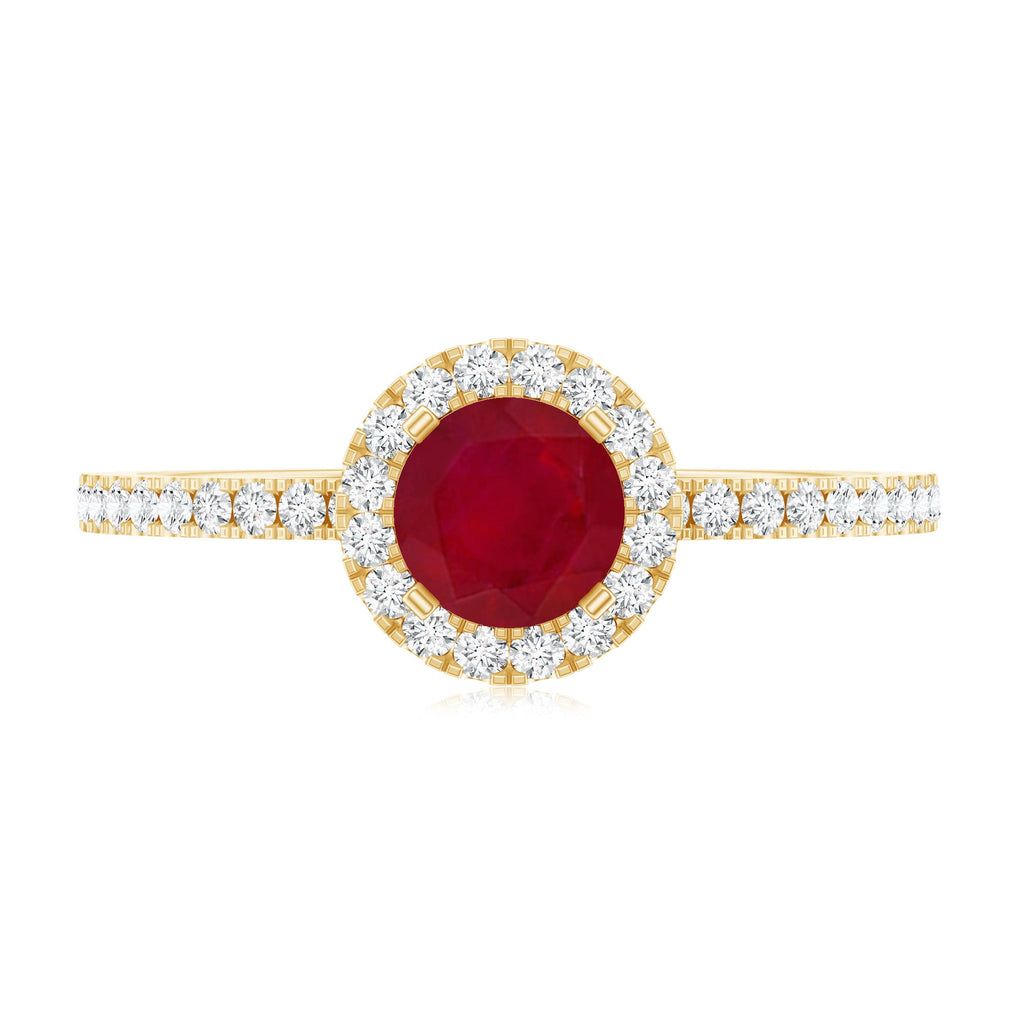 Ruby Engagement Ring – 0.6 Carat Round Ruby with Diamond Halo Band in Prong Setting