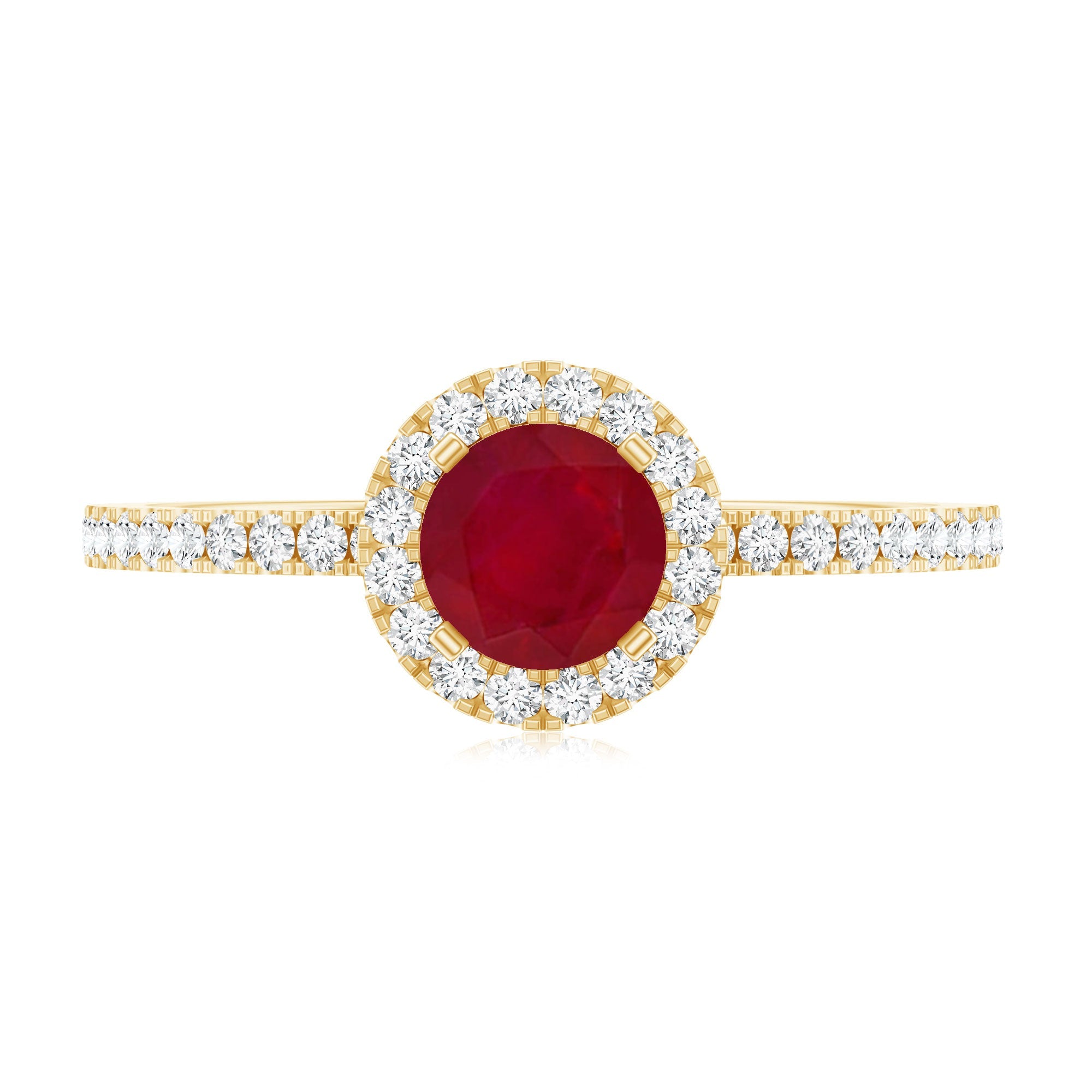 Ruby Engagement Ring – 0.6 Carat Round Ruby with Diamond Halo Band in Prong Setting