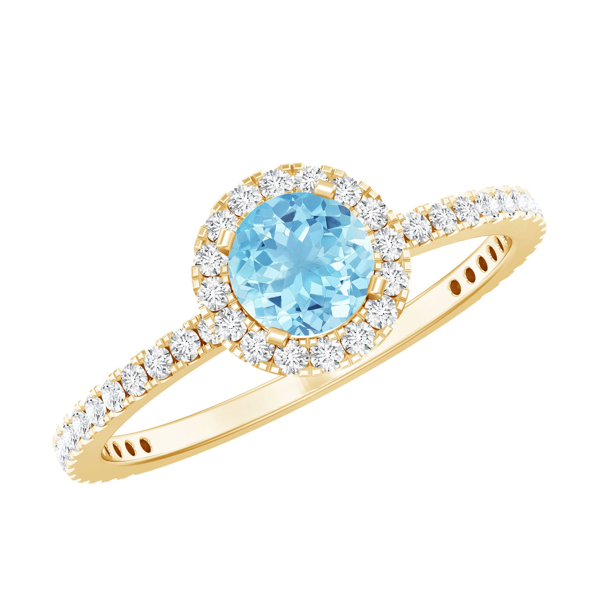 Blue Aquamarine Ring – 6mm Round Aquamarine With Diamond Halo Band Sparkle