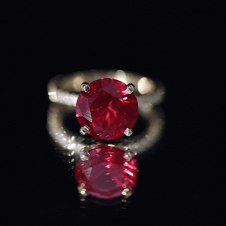 Lab Created Ruby Ring – 5 Carat Round Cut With Diamond Side Stones | Peg Head Setting