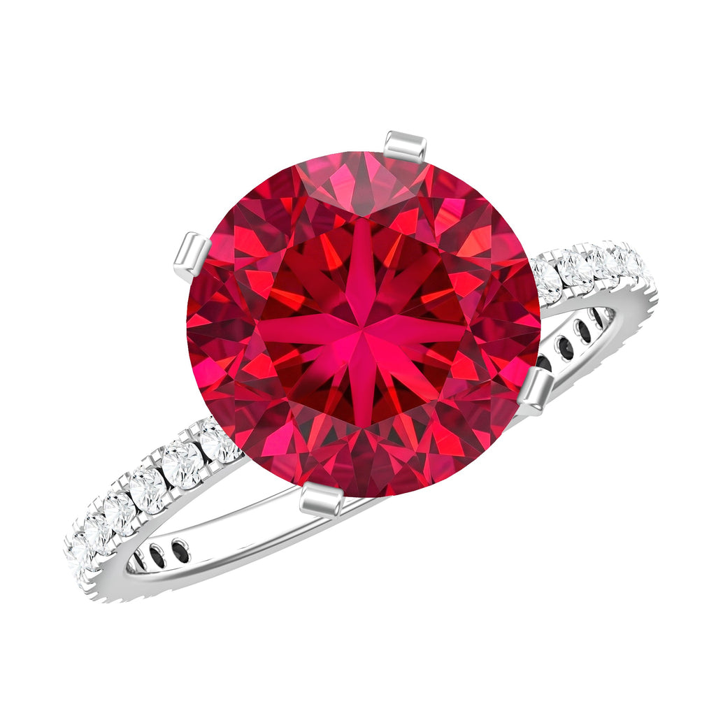 Lab Created Ruby Ring – 5 Carat Round Cut With Diamond Side Stones | Peg Head Setting