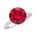 Lab Created Ruby Ring – 5 Carat Round Cut With Diamond Side Stones | Peg Head Setting