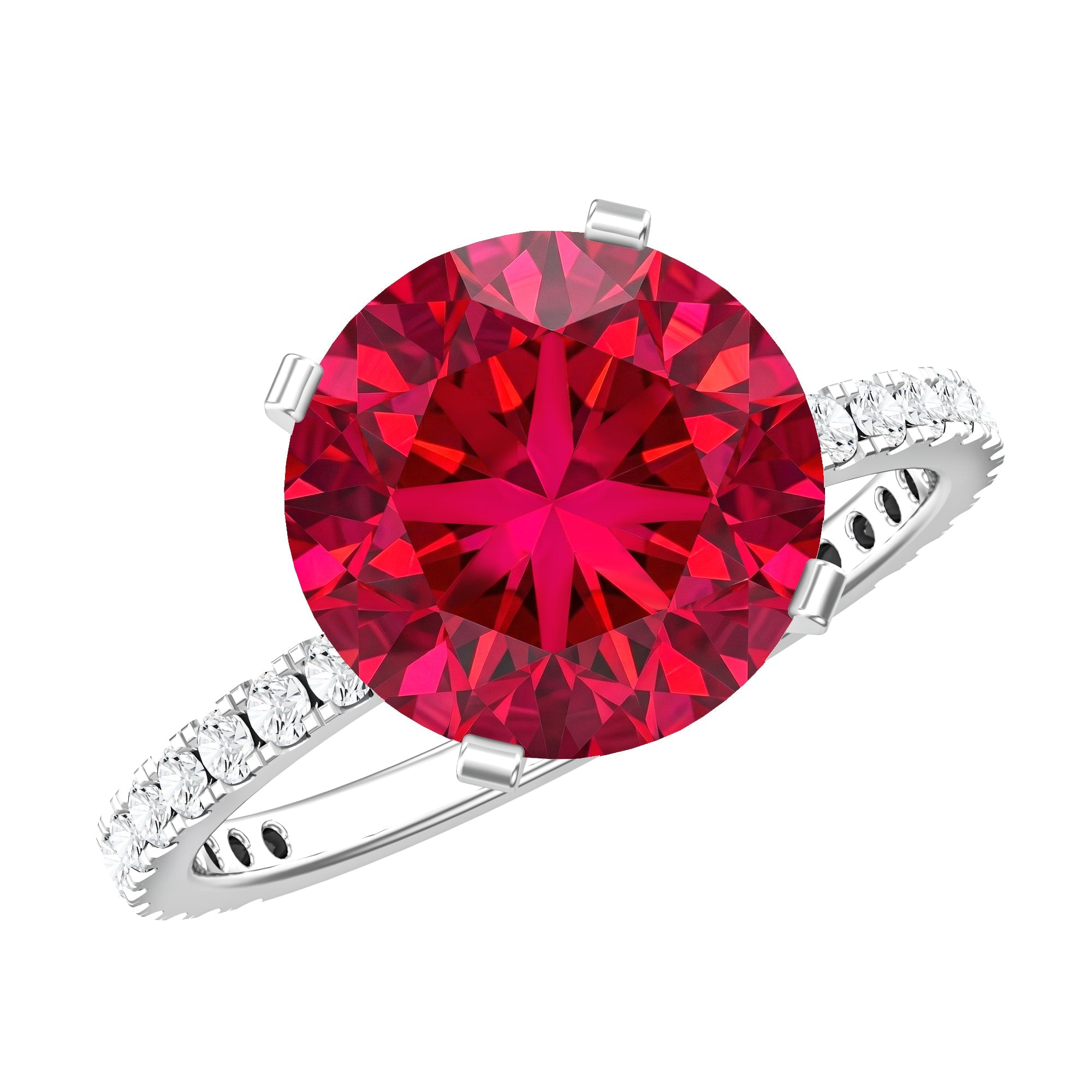 Lab Created Ruby Ring – 5 Carat Round Cut With Diamond Side Stones | Peg Head Setting