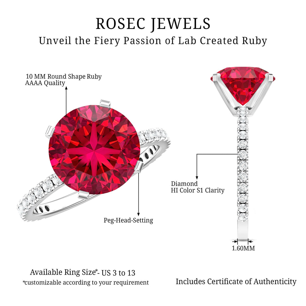 Lab Created Ruby Ring – 5 Carat Round Cut With Diamond Side Stones | Peg Head Setting