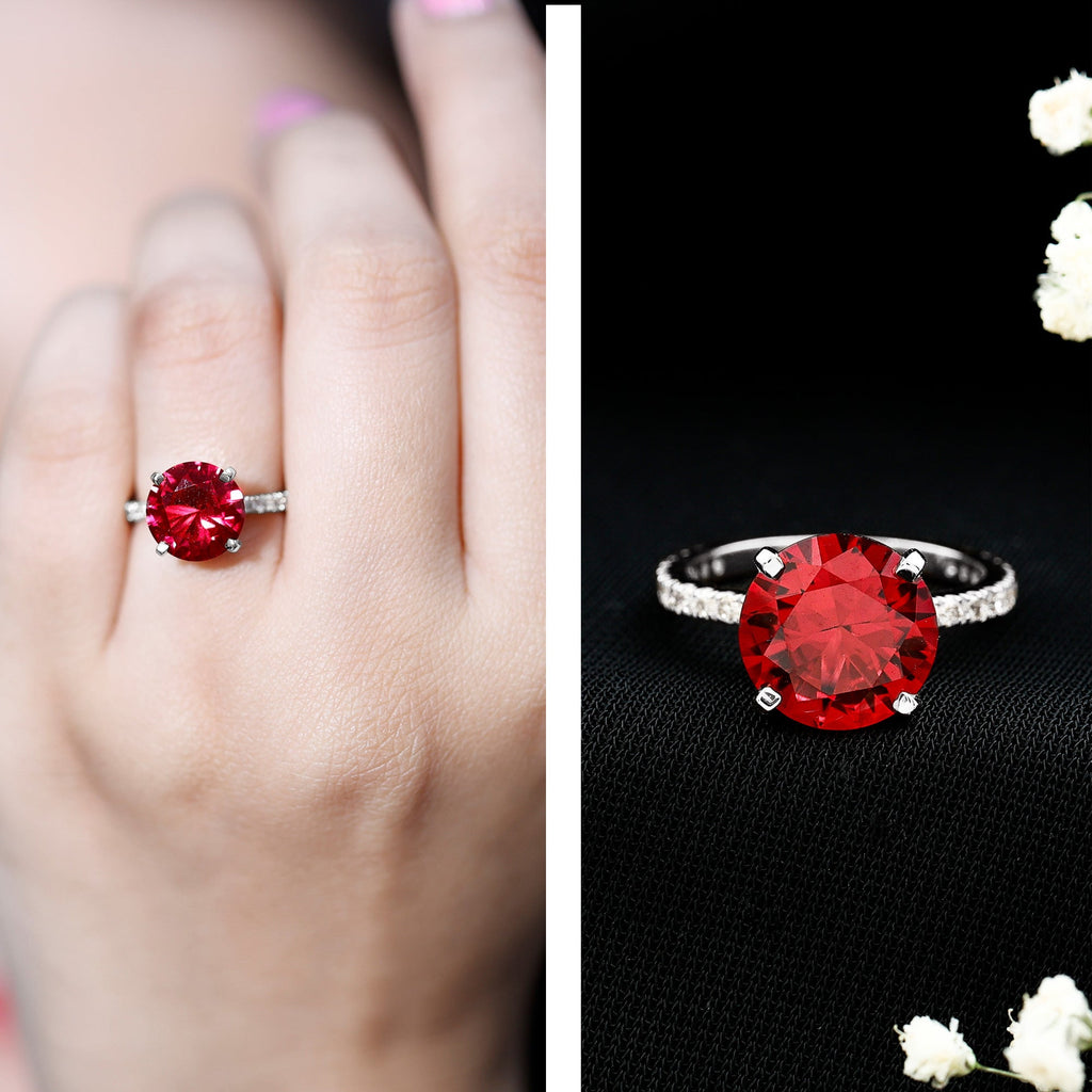 Lab Created Ruby Ring – 5 Carat Round Cut With Diamond Side Stones | Peg Head Setting
