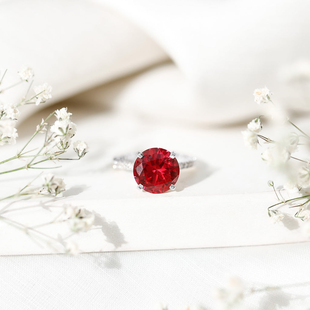 Lab Created Ruby Ring – 5 Carat Round Cut With Diamond Side Stones | Peg Head Setting