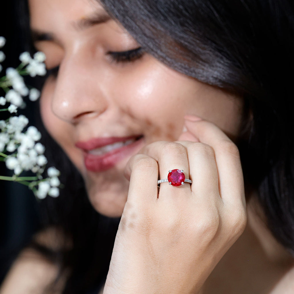 Lab Created Ruby Ring – 5 Carat Round Cut With Diamond Side Stones | Peg Head Setting