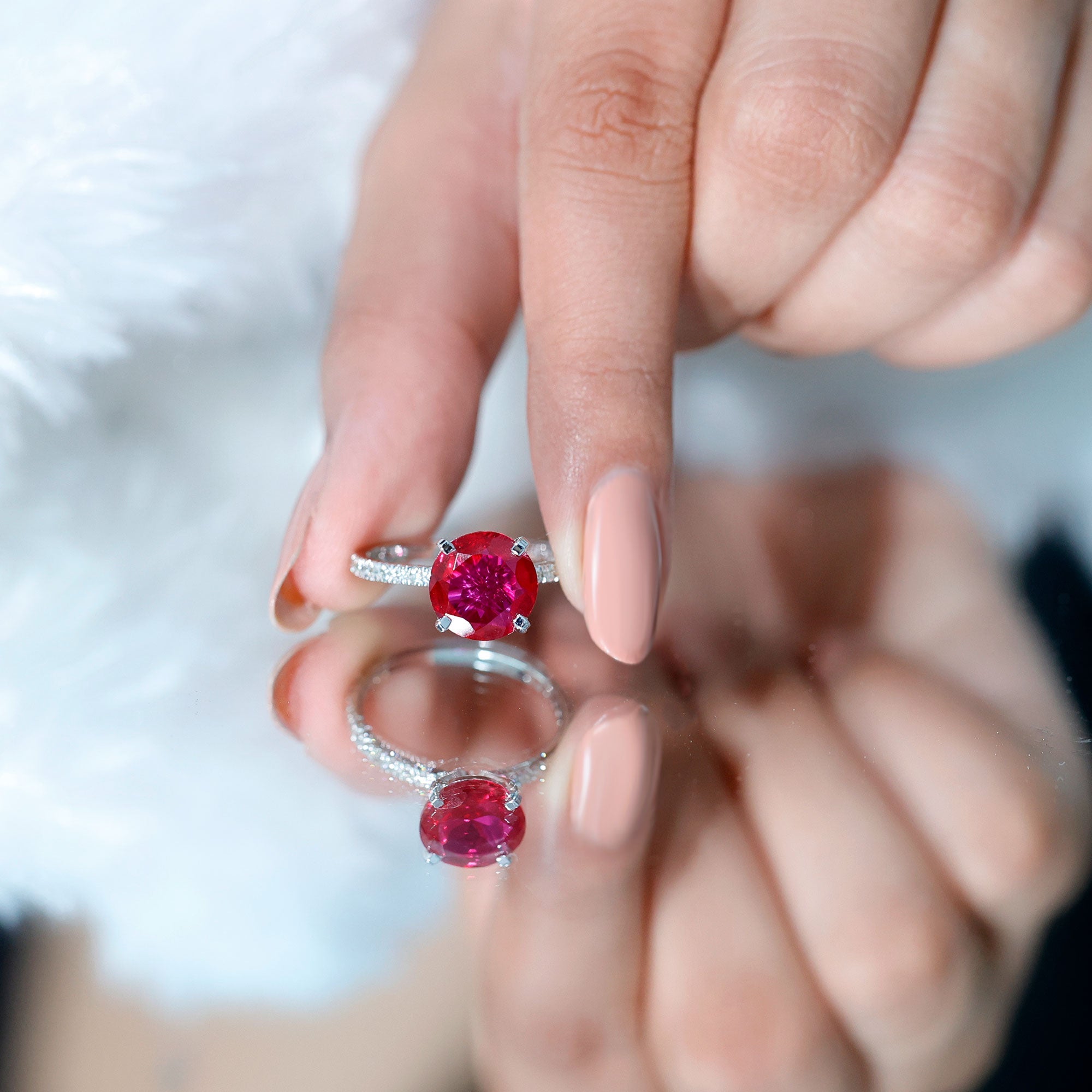 Lab Created Ruby Ring – 5 Carat Round Cut With Diamond Side Stones | Peg Head Setting