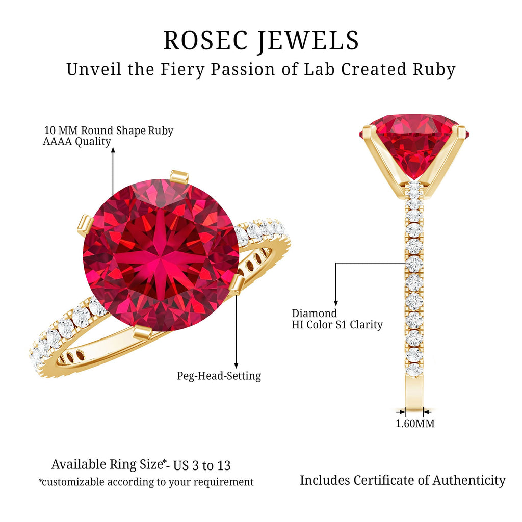Lab Created Ruby Ring – 5 Carat Round Cut With Diamond Side Stones | Peg Head Setting