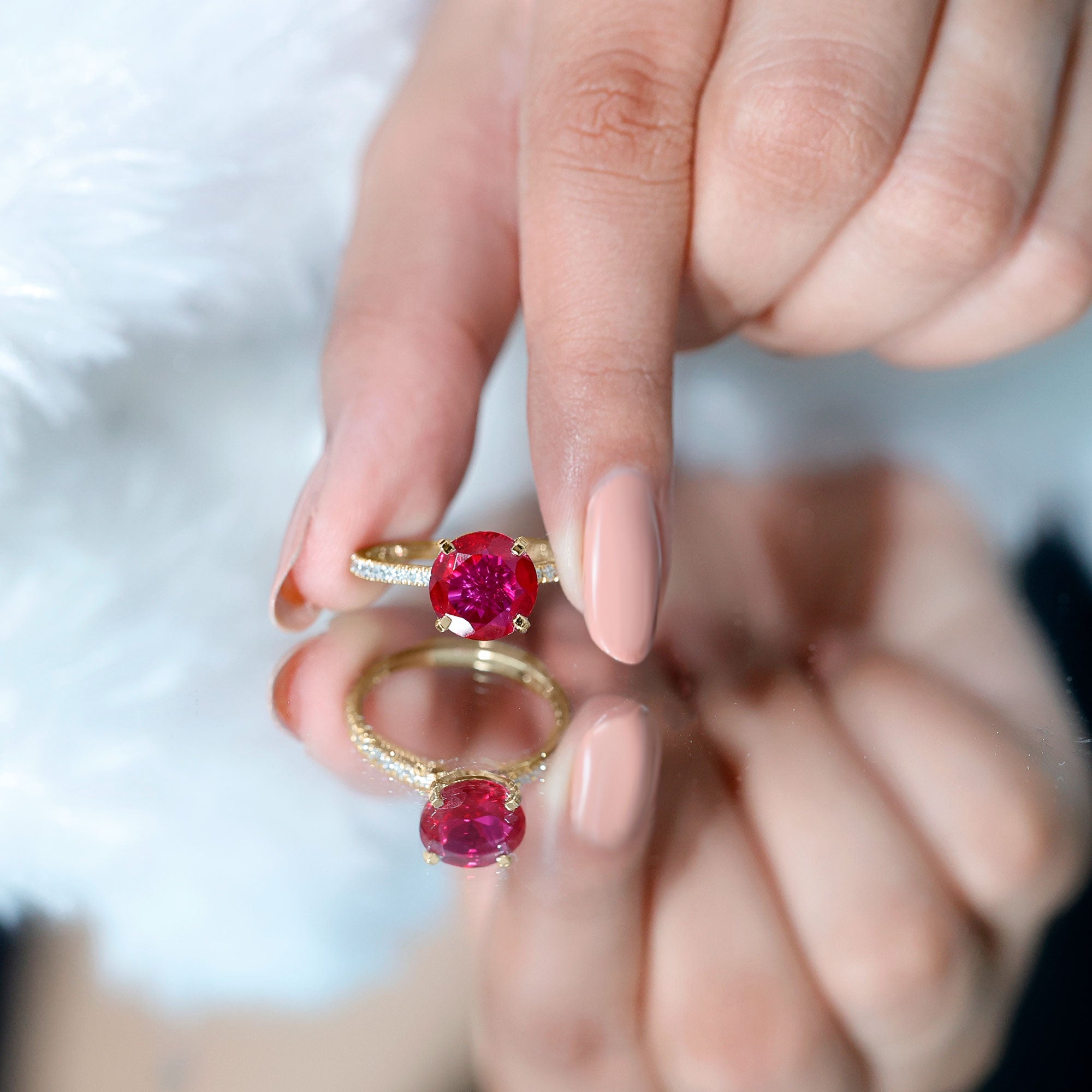 Lab Created Ruby Ring – 5 Carat Round Cut With Diamond Side Stones | Peg Head Setting