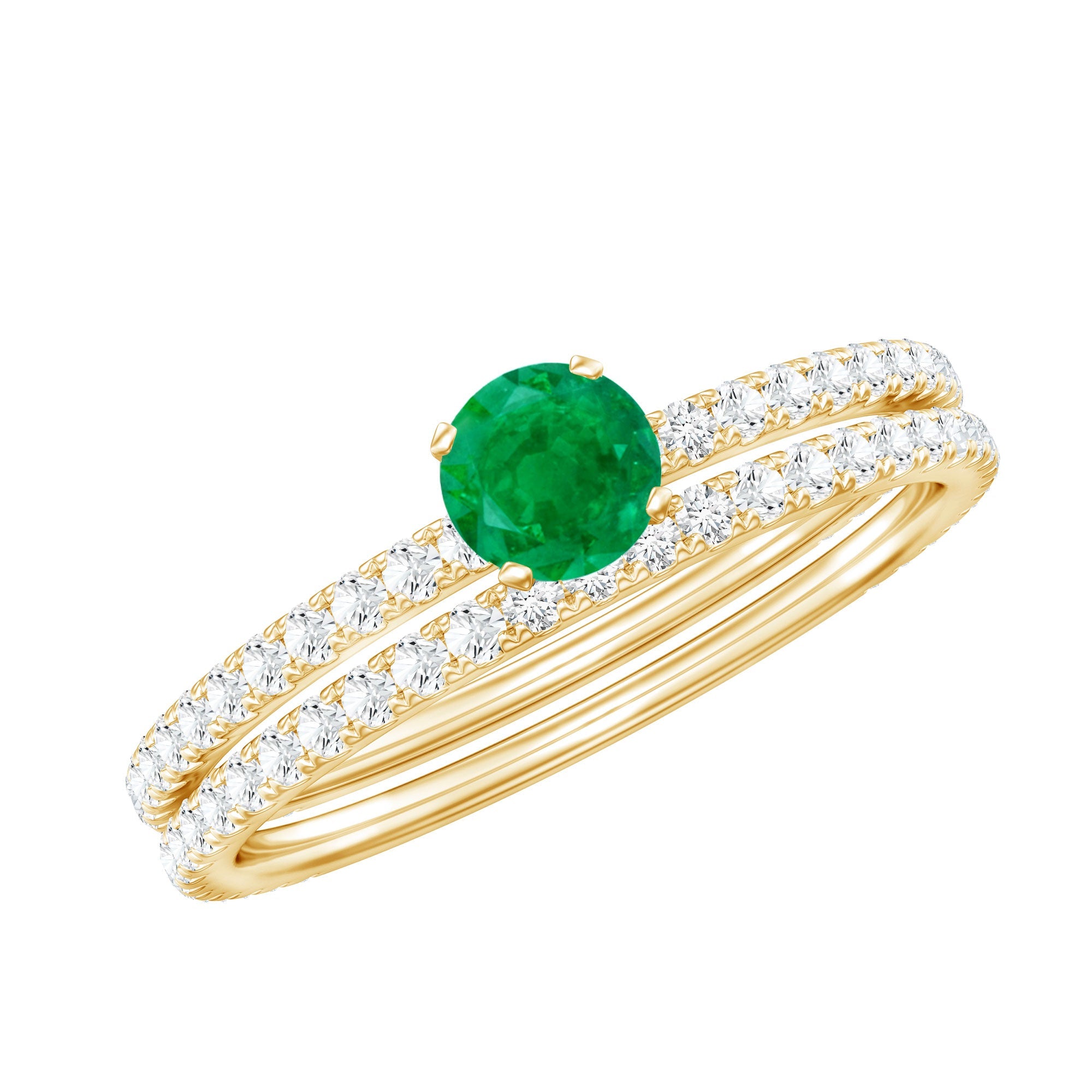 Emerald Diamond Engagement Ring - Minimalist Wedding Ring Set With Diamond Enhancer Band