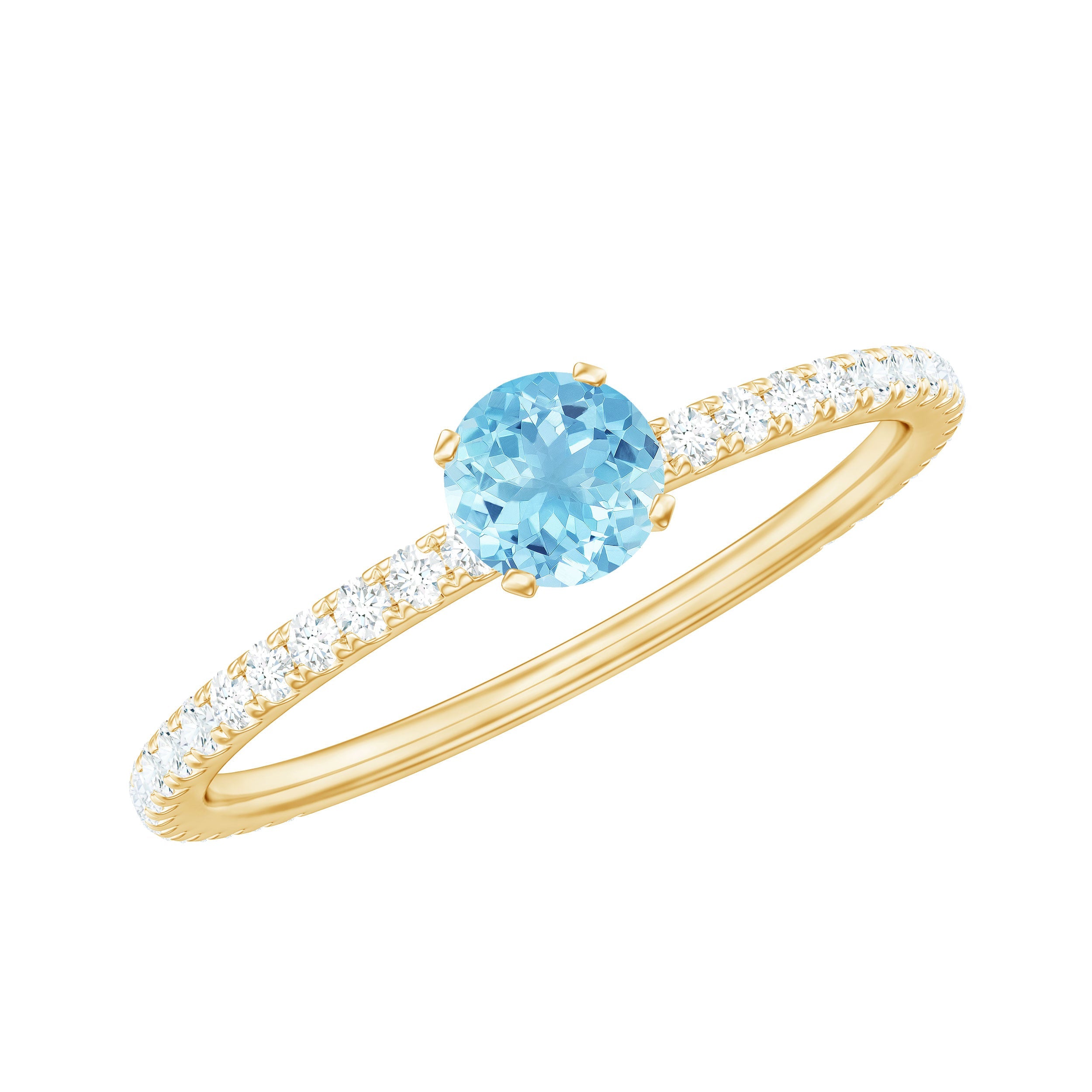 Aquamarine Solitaire Ring – Blue Gemstone Ring With Diamond Side Stones & Slim Band