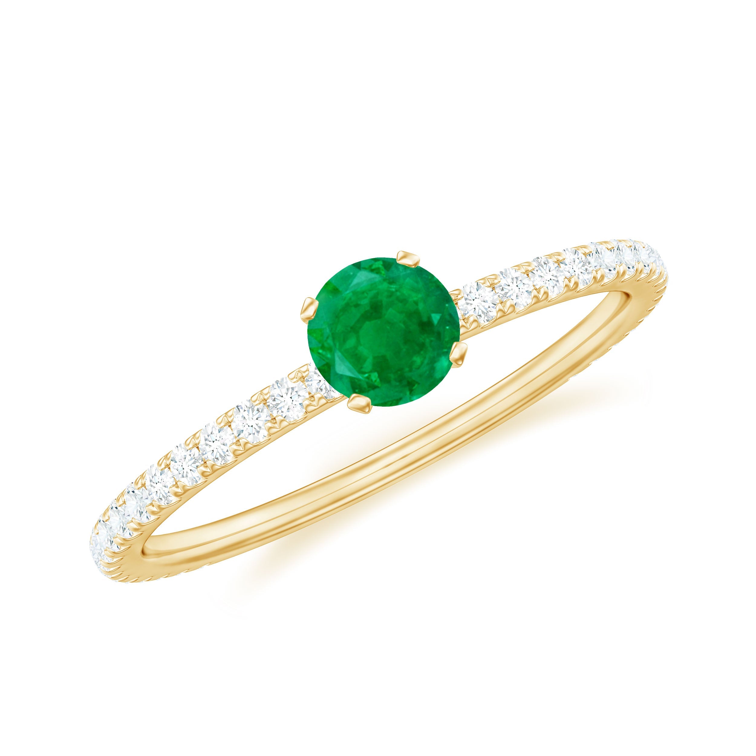 Emerald Solitaire Ring – Dainty 0.49 Ct Emerald Center Stone with French Pavé Diamond Band