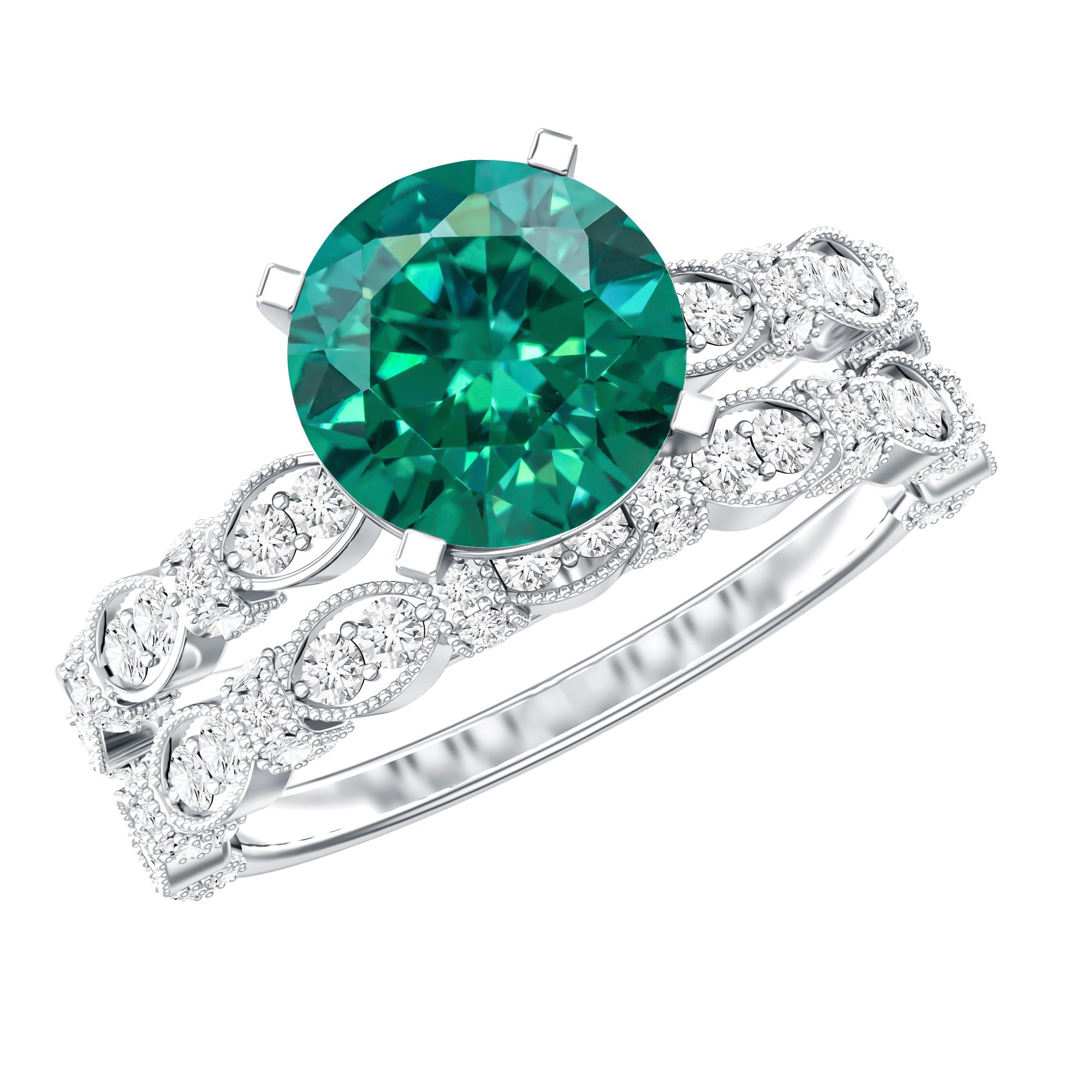 Lab Created Emerald Ring – Vintage Engagement Rings with Moissanite Wedding Band