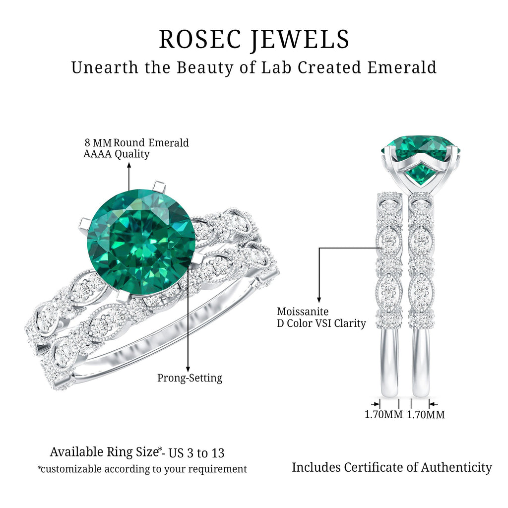 Lab Created Emerald Ring – Vintage Engagement Rings with Moissanite Wedding Band