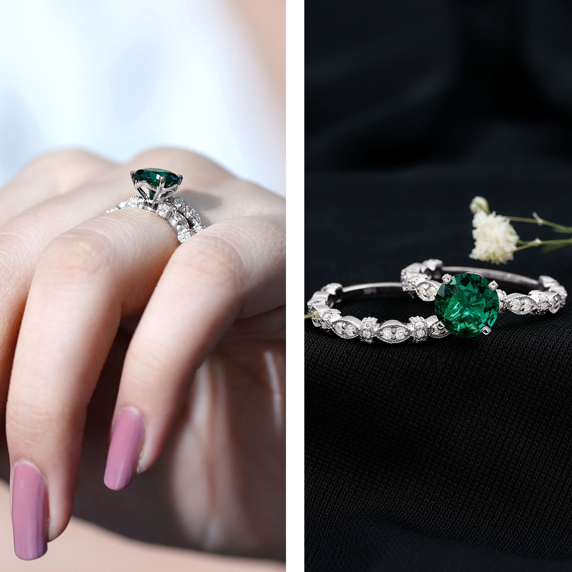 Lab Created Emerald Ring – Vintage Engagement Rings with Moissanite Wedding Band