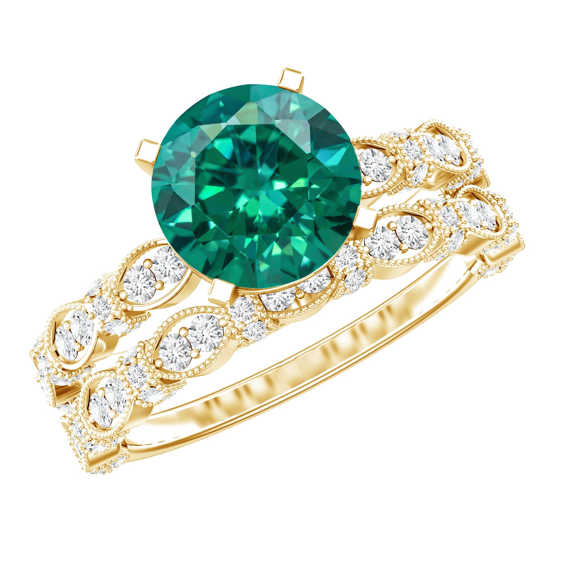 Lab Created Emerald Ring – Vintage Engagement Rings with Moissanite Wedding Band