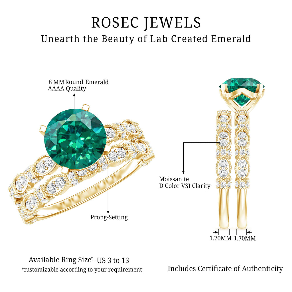 Lab Created Emerald Ring – Vintage Engagement Rings with Moissanite Wedding Band