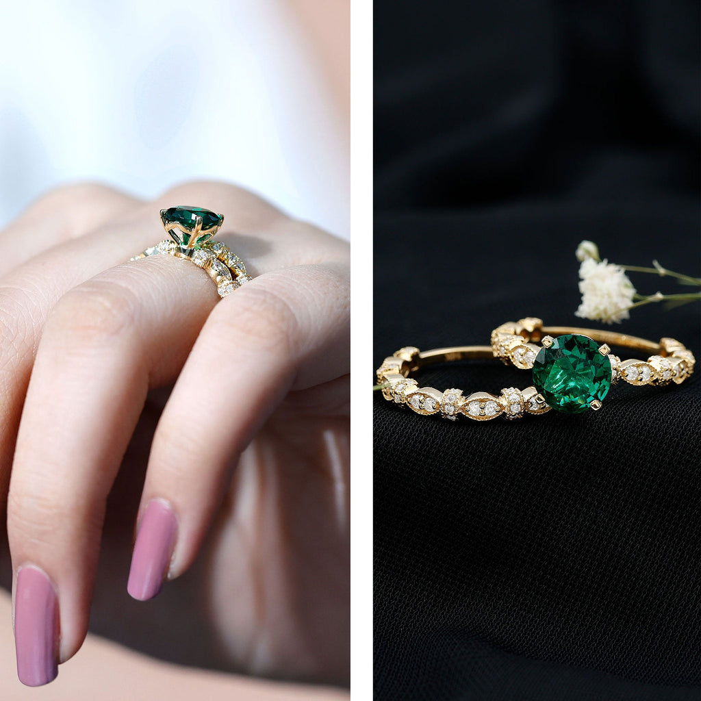 Lab Created Emerald Ring – Vintage Engagement Rings with Moissanite Wedding Band