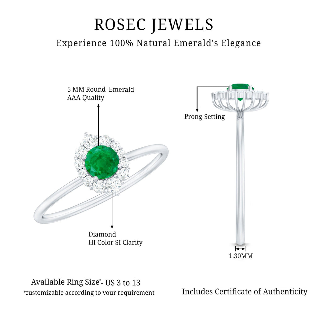 Emerald Promise Ring – Natural AAA Quality Green Gemstone with Diamond Halo Setting