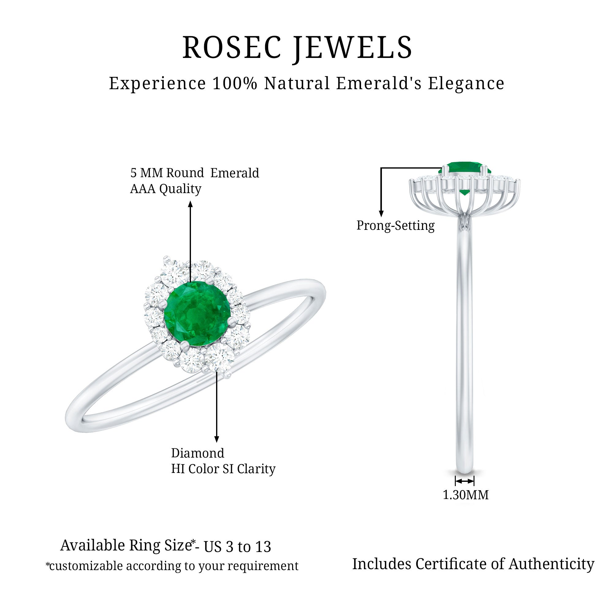 Emerald Promise Ring – Natural AAA Quality Green Gemstone with Diamond Halo Setting