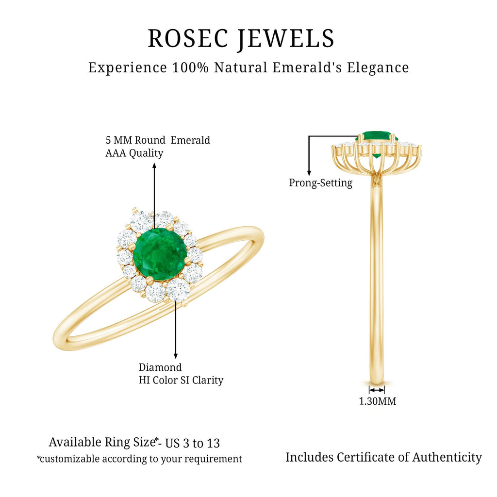 Emerald Promise Ring – Natural AAA Quality Green Gemstone with Diamond Halo Setting