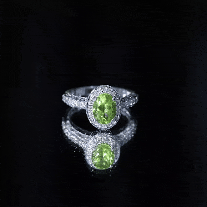 Peridot Engagement Ring – Oval Cut Peridot with Diamond Halo & Milgrain Band