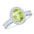 Peridot Engagement Ring – Oval Cut Peridot with Diamond Halo & Milgrain Band