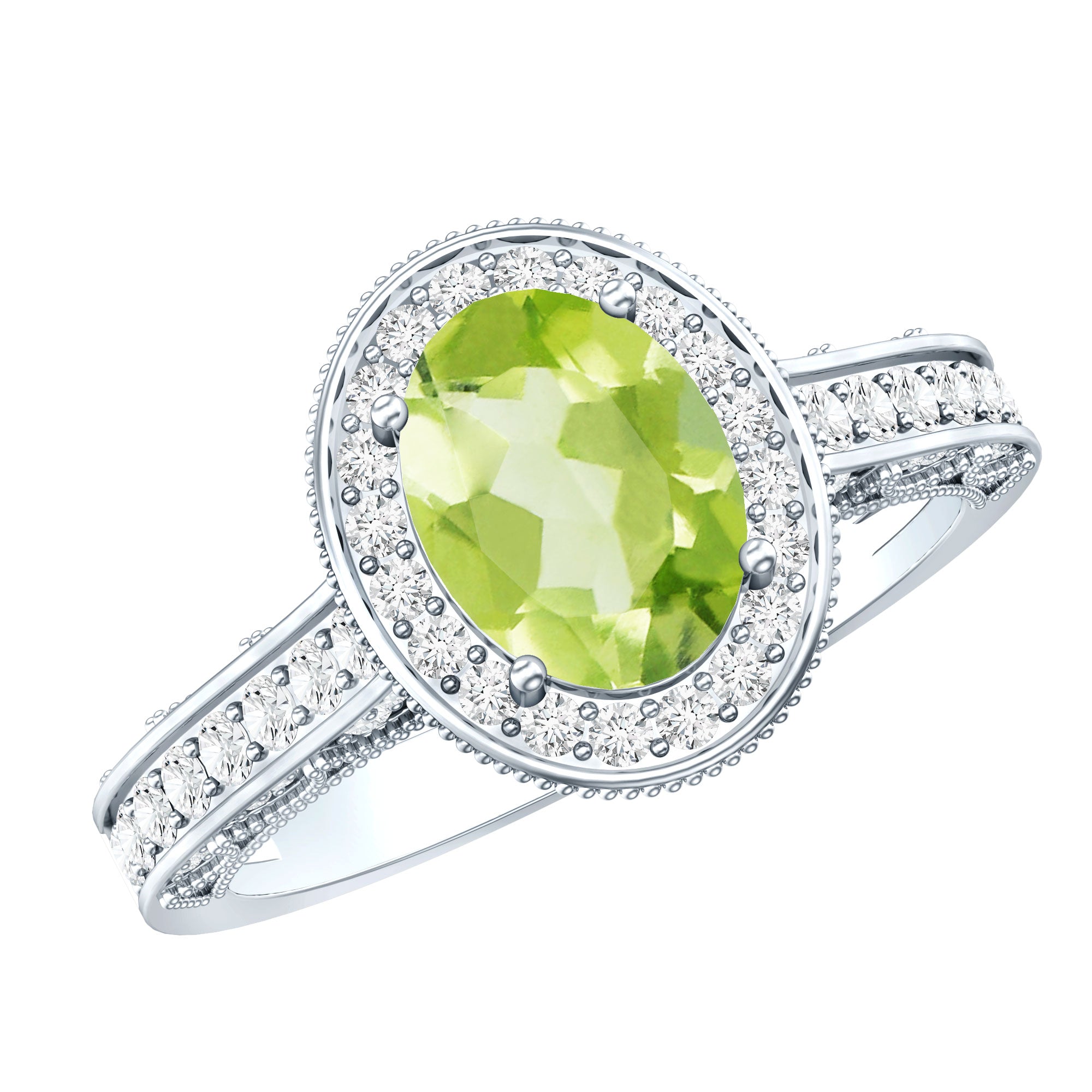 Peridot Engagement Ring – Oval Cut Peridot with Diamond Halo & Milgrain Band