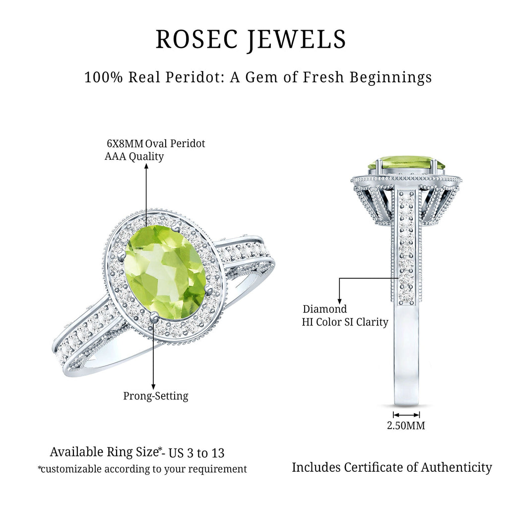 Peridot Engagement Ring – Oval Cut Peridot with Diamond Halo & Milgrain Band