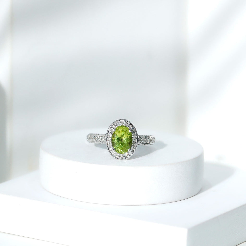 Peridot Engagement Ring – Oval Cut Peridot with Diamond Halo & Milgrain Band