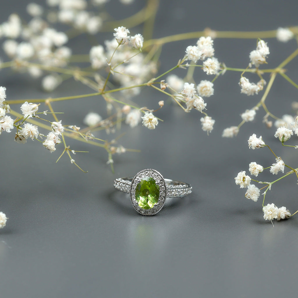 Peridot Engagement Ring – Oval Cut Peridot with Diamond Halo & Milgrain Band