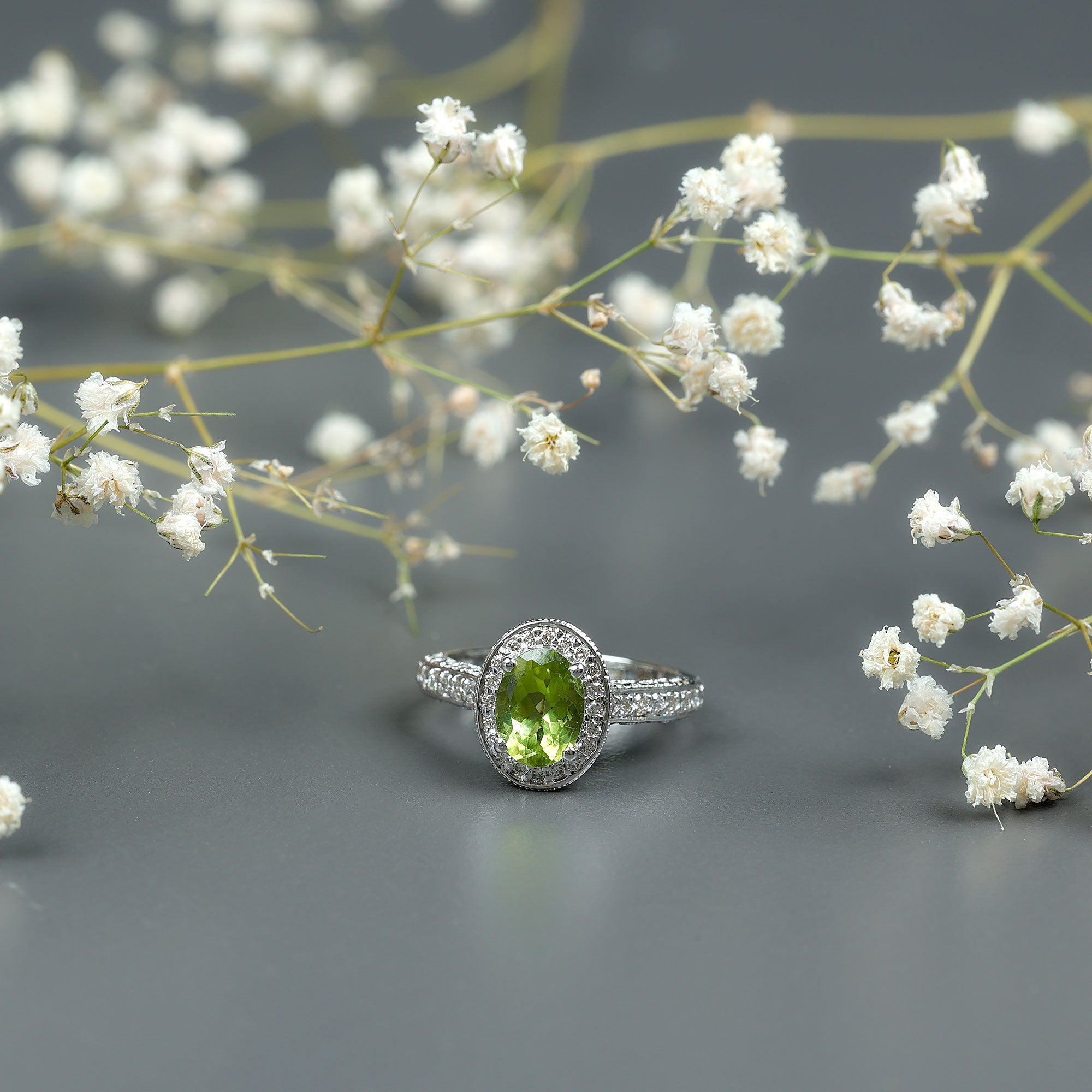 Peridot Engagement Ring – Oval Cut Peridot with Diamond Halo & Milgrain Band