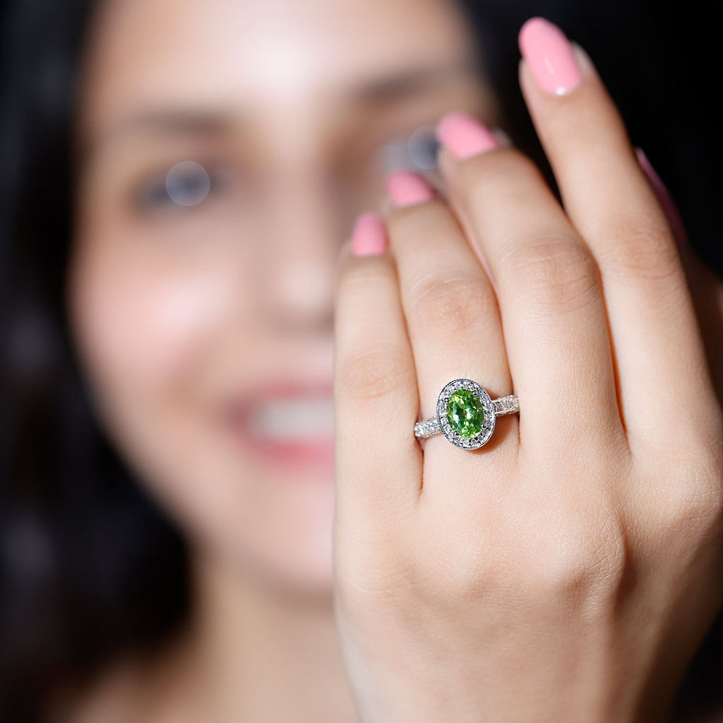 Peridot Engagement Ring – Oval Cut Peridot with Diamond Halo & Milgrain Band