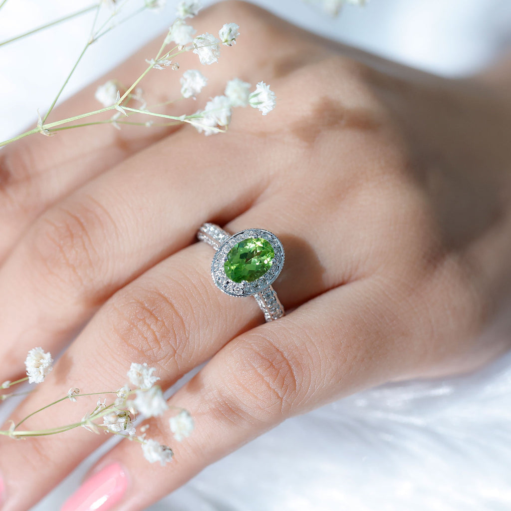 Peridot Engagement Ring – Oval Cut Peridot with Diamond Halo & Milgrain Band