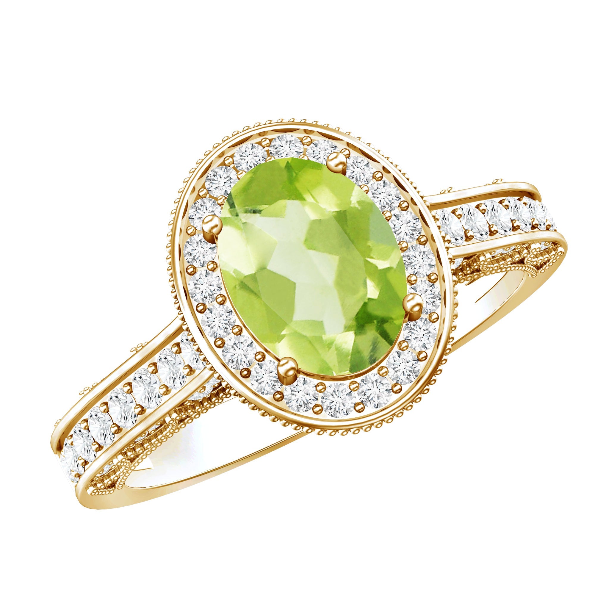 Peridot Engagement Ring – Oval Cut Peridot with Diamond Halo & Milgrain Band