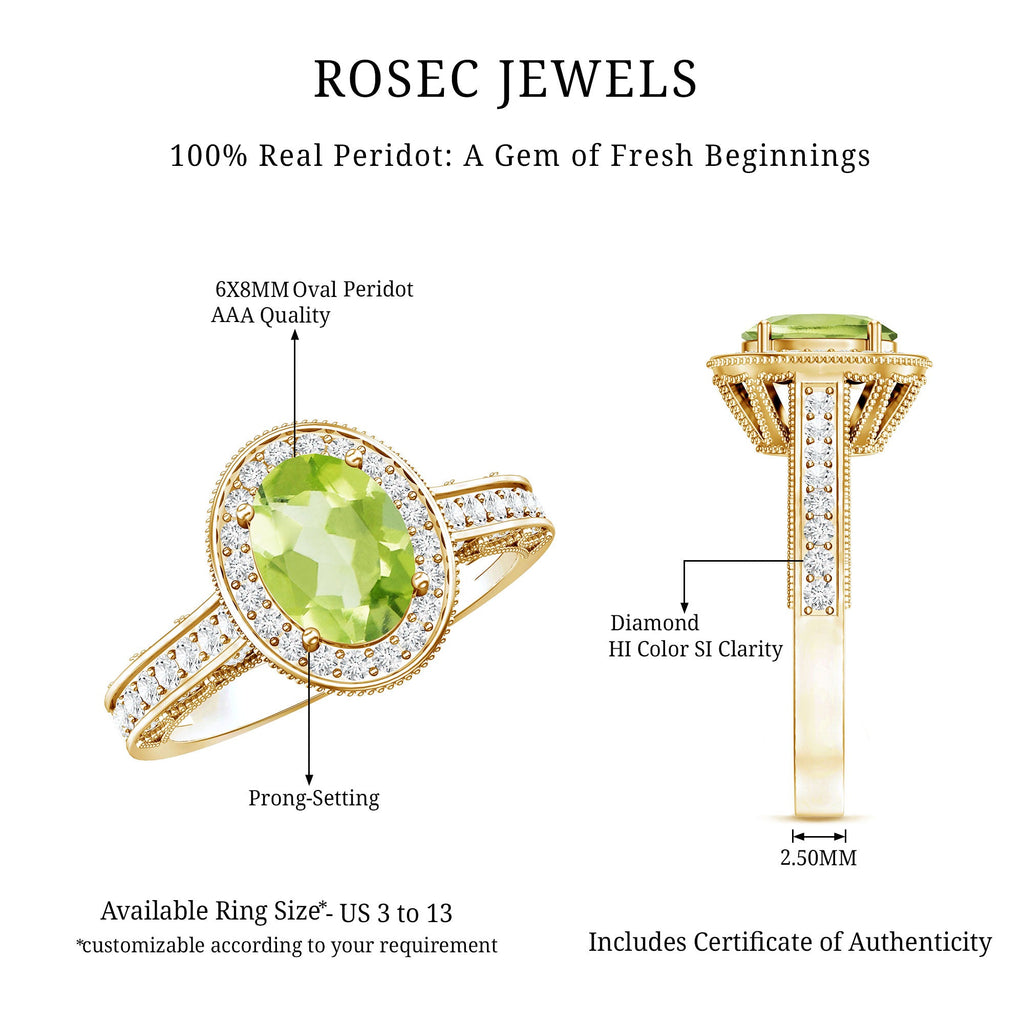 Peridot Engagement Ring – Oval Cut Peridot with Diamond Halo & Milgrain Band