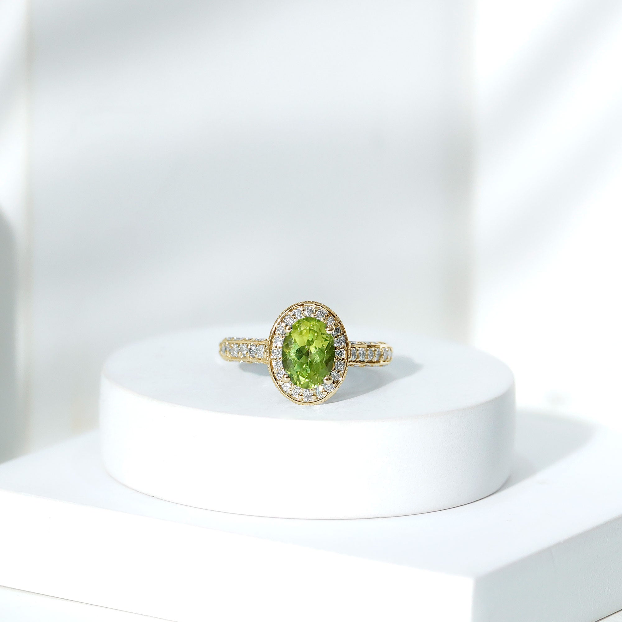 Peridot Engagement Ring – Oval Cut Peridot with Diamond Halo & Milgrain Band