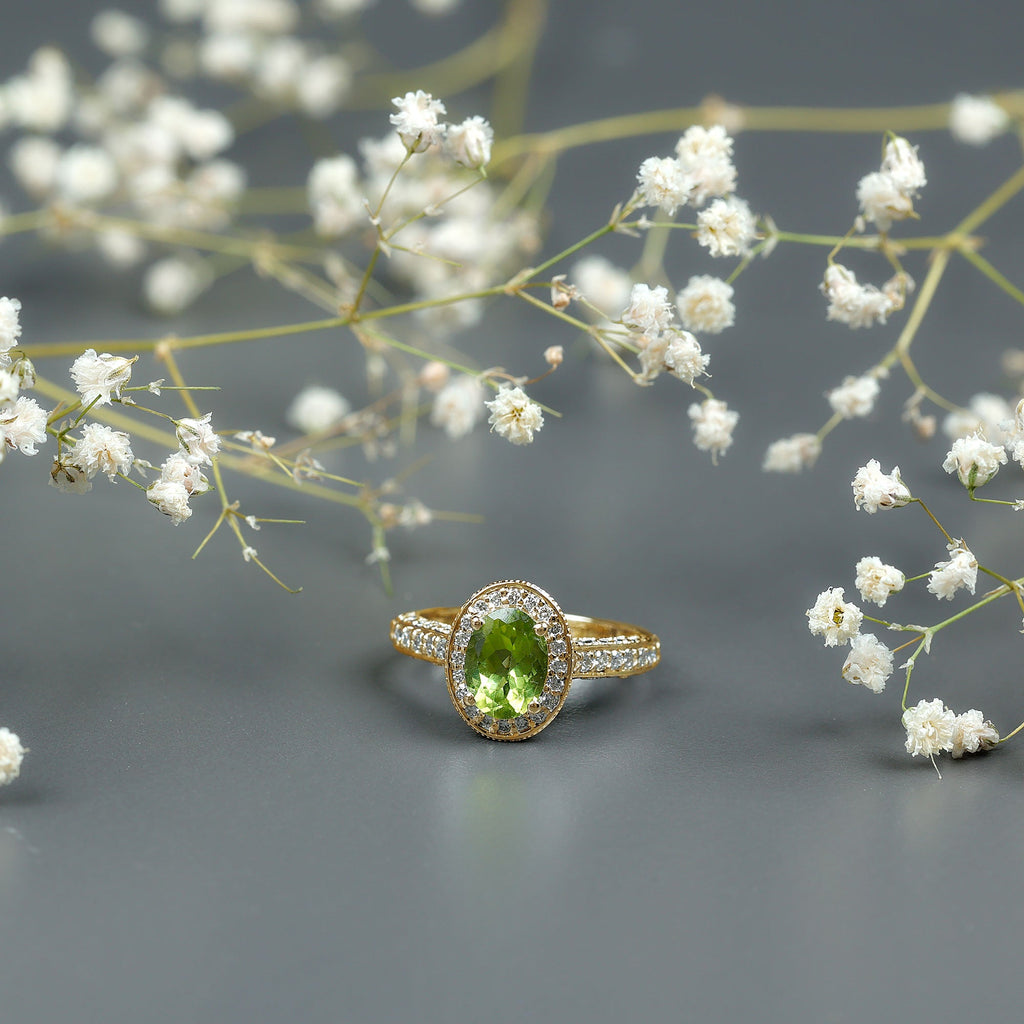 Peridot Engagement Ring – Oval Cut Peridot with Diamond Halo & Milgrain Band