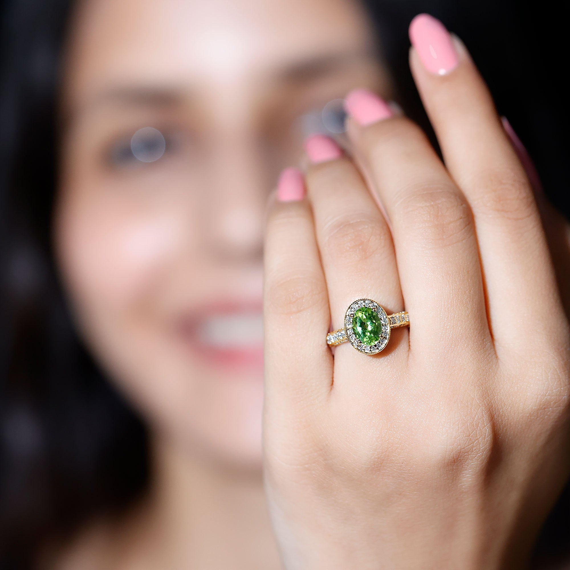 Peridot Engagement Ring – Oval Cut Peridot with Diamond Halo & Milgrain Band