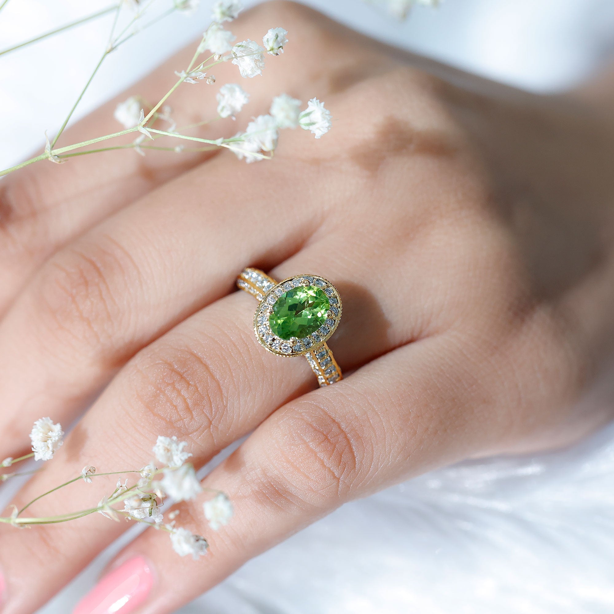 Peridot Engagement Ring – Oval Cut Peridot with Diamond Halo & Milgrain Band